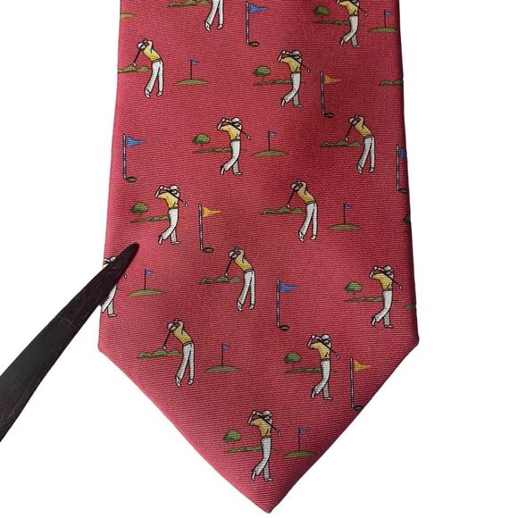 Vintage Brooks Brothers Makers Silk Tie USA Coral Golf Golfers Print Necktie - Picture 7 of 10